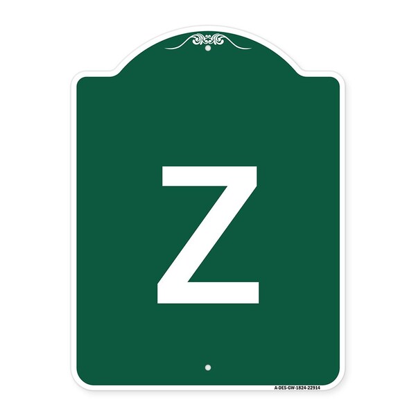 Designer Series Sign-Sign W/ Letter Z, Green & White Aluminum Sign, 18" x 24", GW-1824-22914